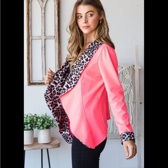 1X-3X Elle Pink Leopard Print Open Shawl Blazer-Host Pick - Picture 9 of 12